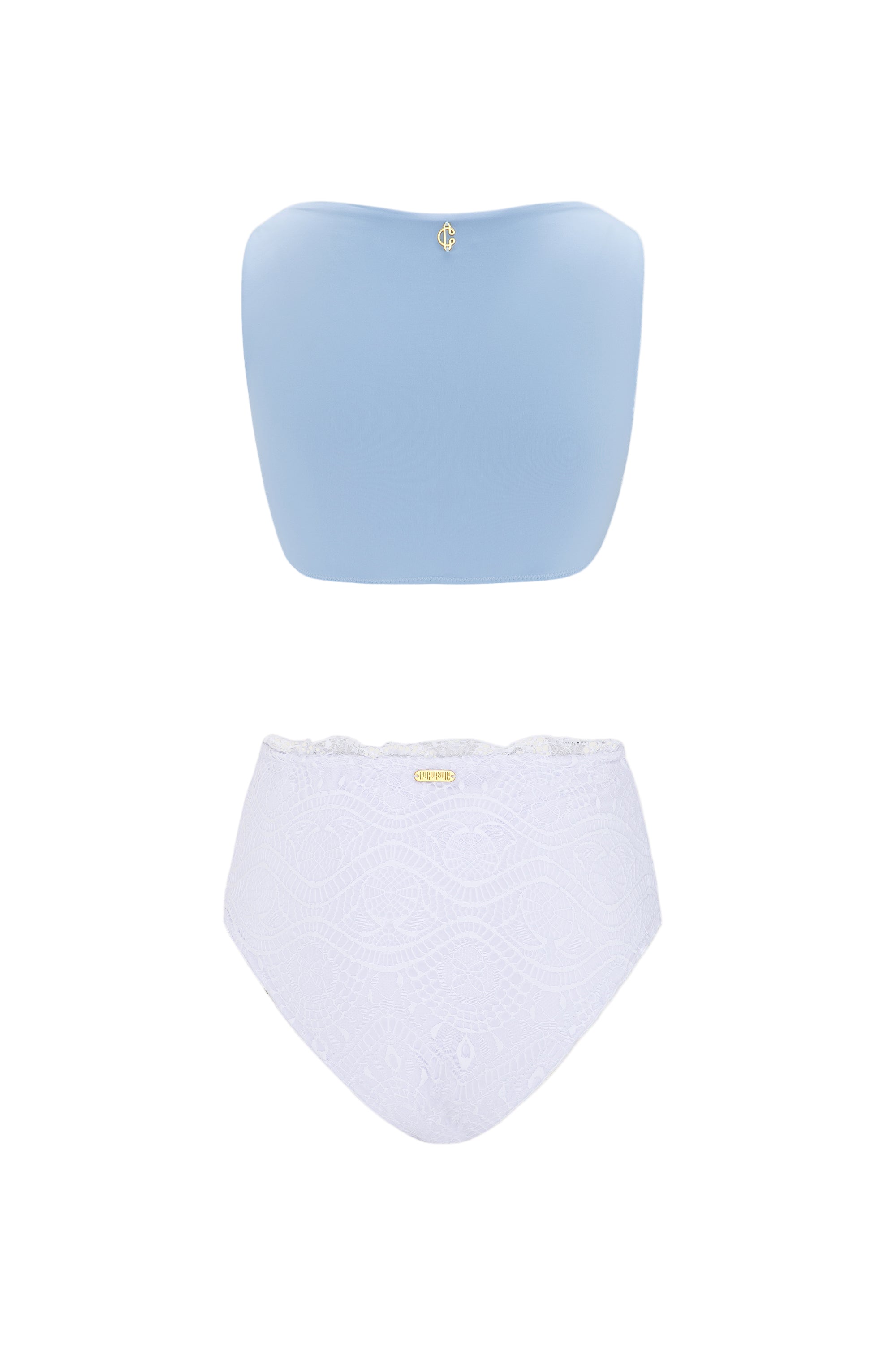 Light blue strapless top and high-waisted bottom set on a light gray background